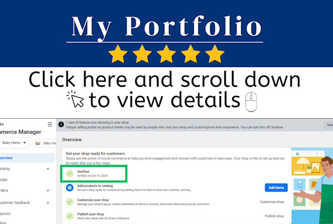 setup facebook, instagram and tiktok shops, fix rejections and sync with shopify